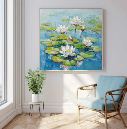 Serene Lotus Flowers Oil Painting on Canvas for Tranquil Home Decor