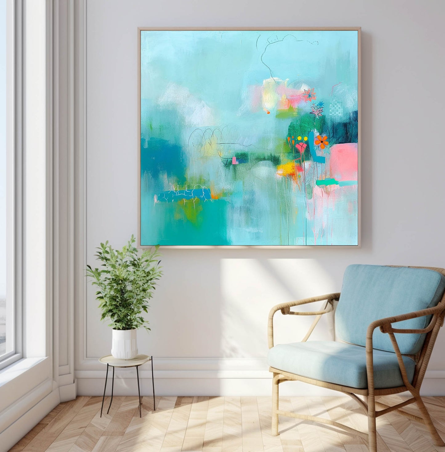 Vibrant Abstract Oil Painting with Flowers and Colorful Swirls for Modern Decor