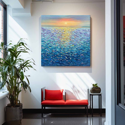 Serene Ocean Sunset Oil Painting - Vibrant Seascape Canvas Art for Home Decor