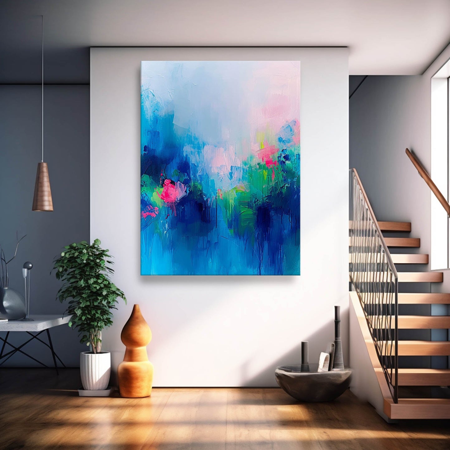 Vibrant Abstract Floral Oil Painting in Blue and Pink Tones for Home Décor