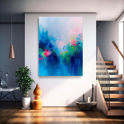 Vibrant Abstract Floral Oil Painting in Blue and Pink Tones for Home Décor