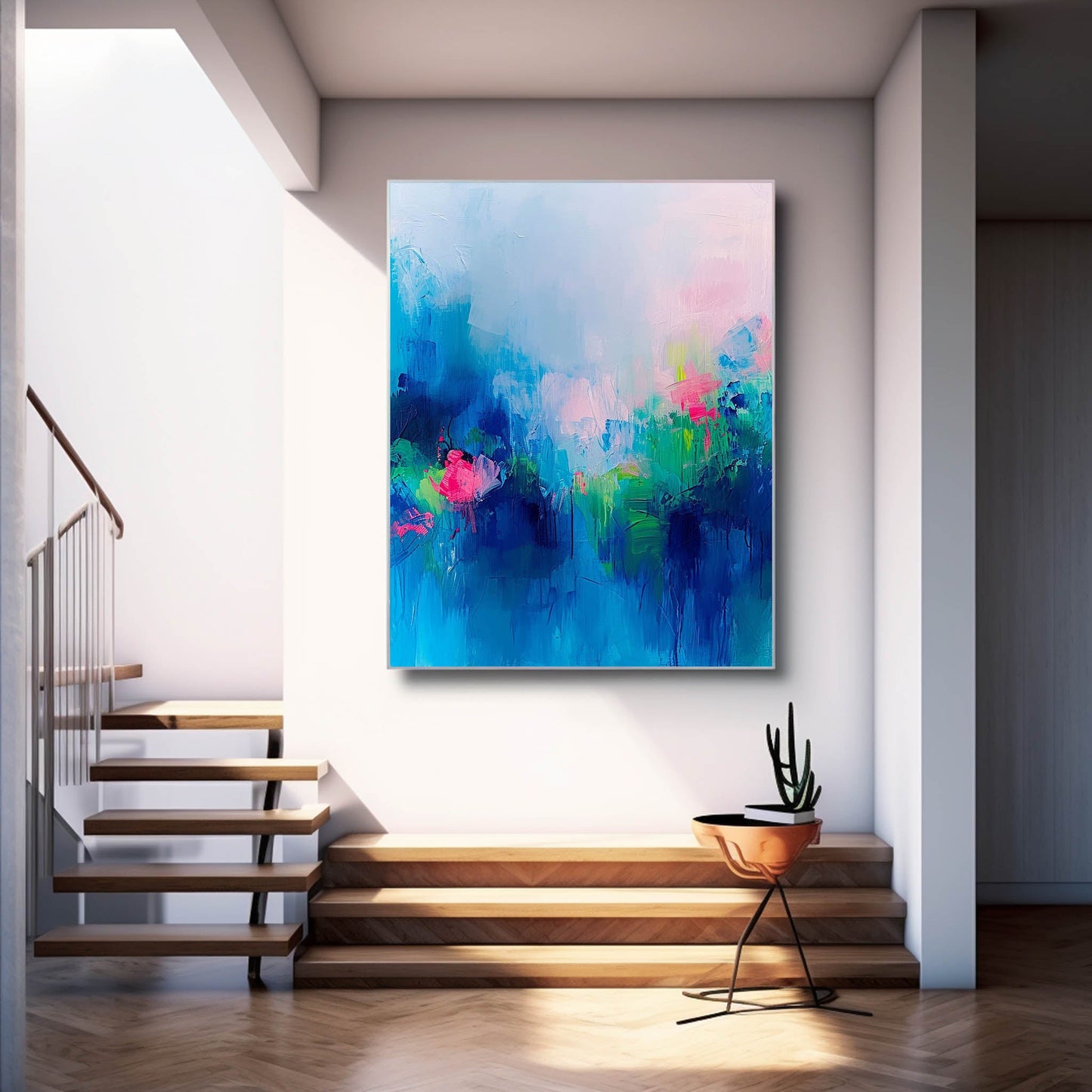 Vibrant Abstract Floral Oil Painting in Blue and Pink Tones for Home Décor
