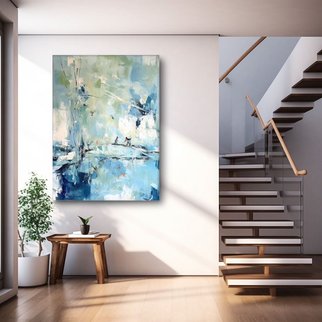 Serene Abstract Oil Painting of Two Figures on Water – Perfect for Modern Home Decor