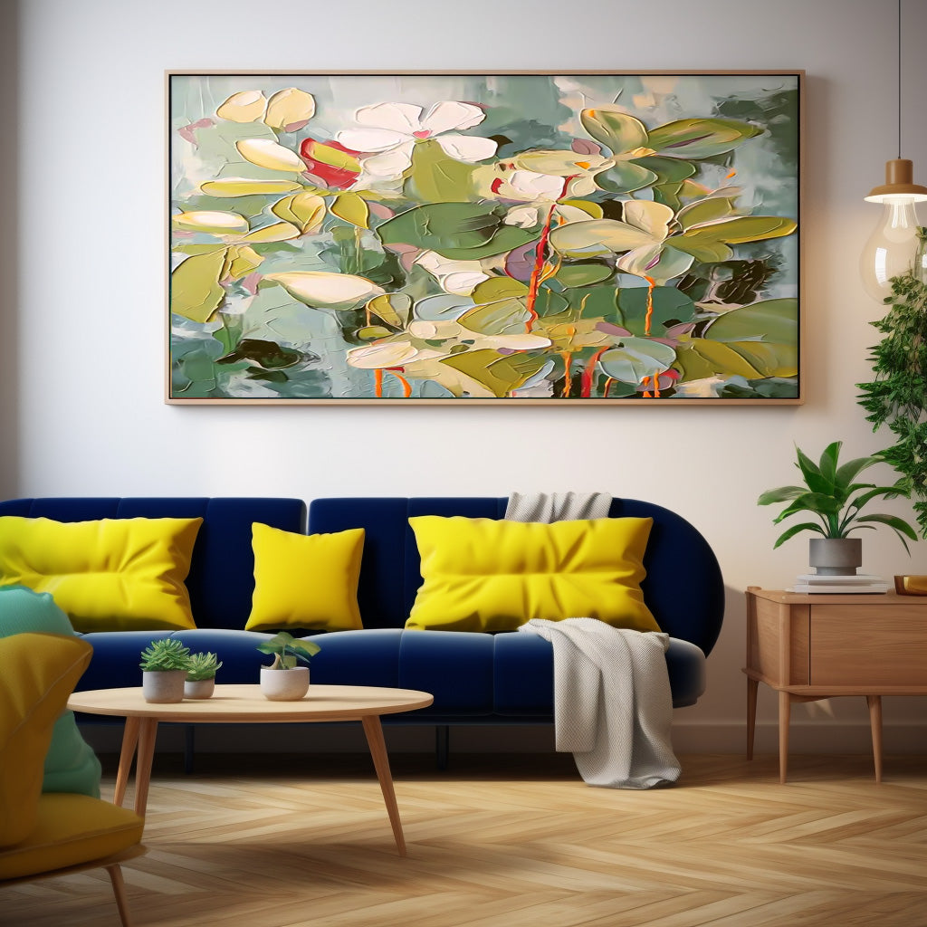 Vibrant Floral Oil Painting with Lush Greenery and Textured Blossoms