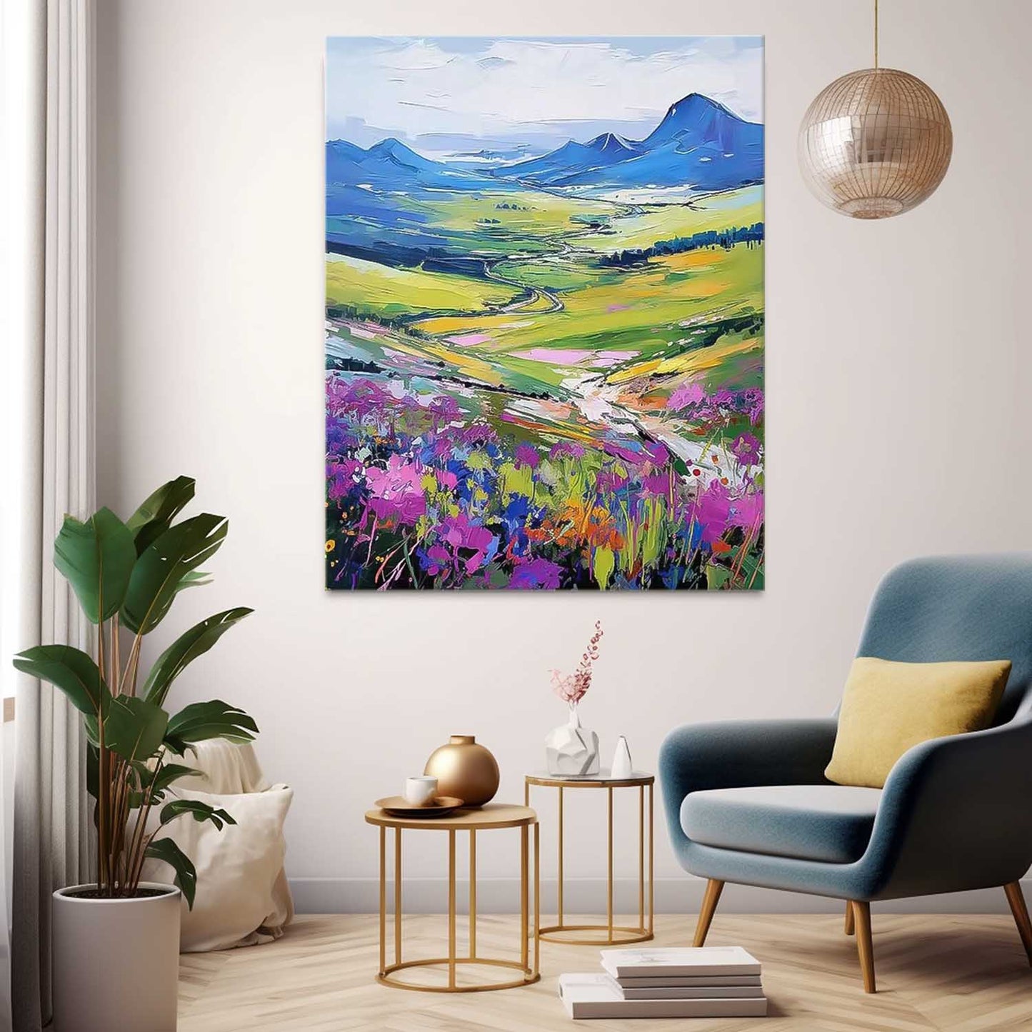 Vibrant Landscape Oil Painting with Colorful Flowers and Scenic Hillside View