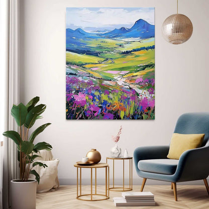 Vibrant Landscape Oil Painting with Colorful Flowers and Scenic Hillside View