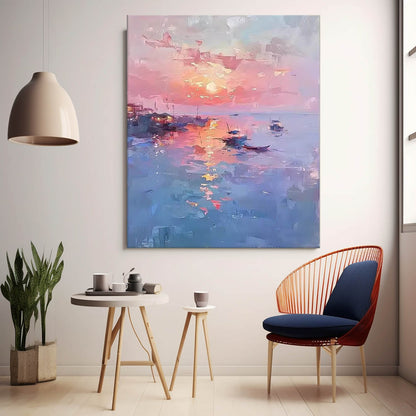 Serene Sunset Seascape Oil Painting with Boats and Reflective Water