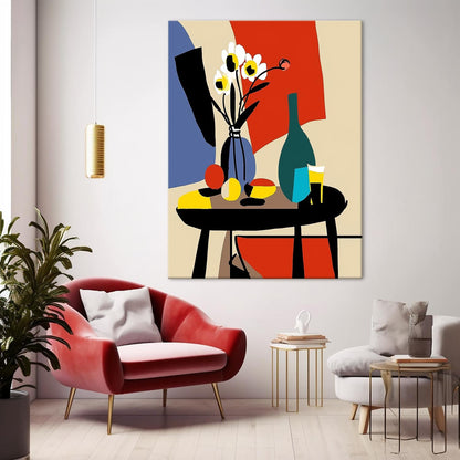 Modern Floral Still Life Oil Painting with Colorful Vase and Fruit Table Decor