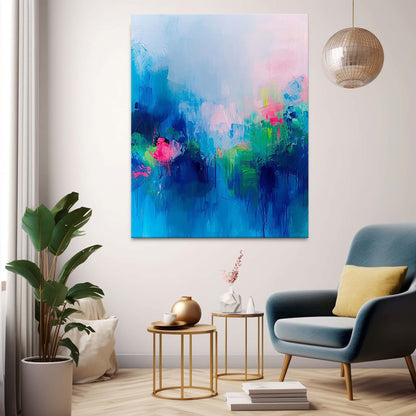 Vibrant Abstract Floral Oil Painting in Blue and Pink Tones for Home Décor