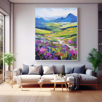 Vibrant Landscape Oil Painting with Colorful Flowers and Scenic Hillside View