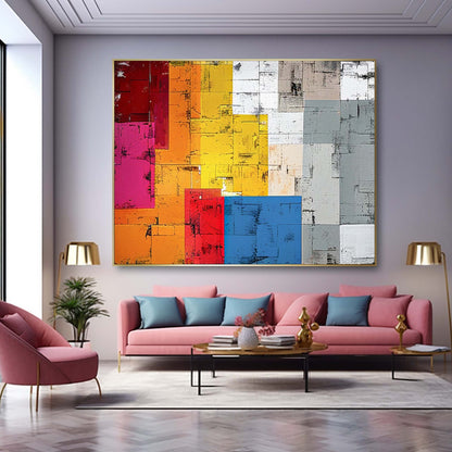 Vibrant Abstract Oil Painting with Colorful Geometric Shapes for Modern Decor