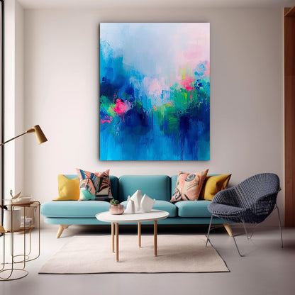 Vibrant Abstract Floral Oil Painting in Blue and Pink Tones for Home Décor