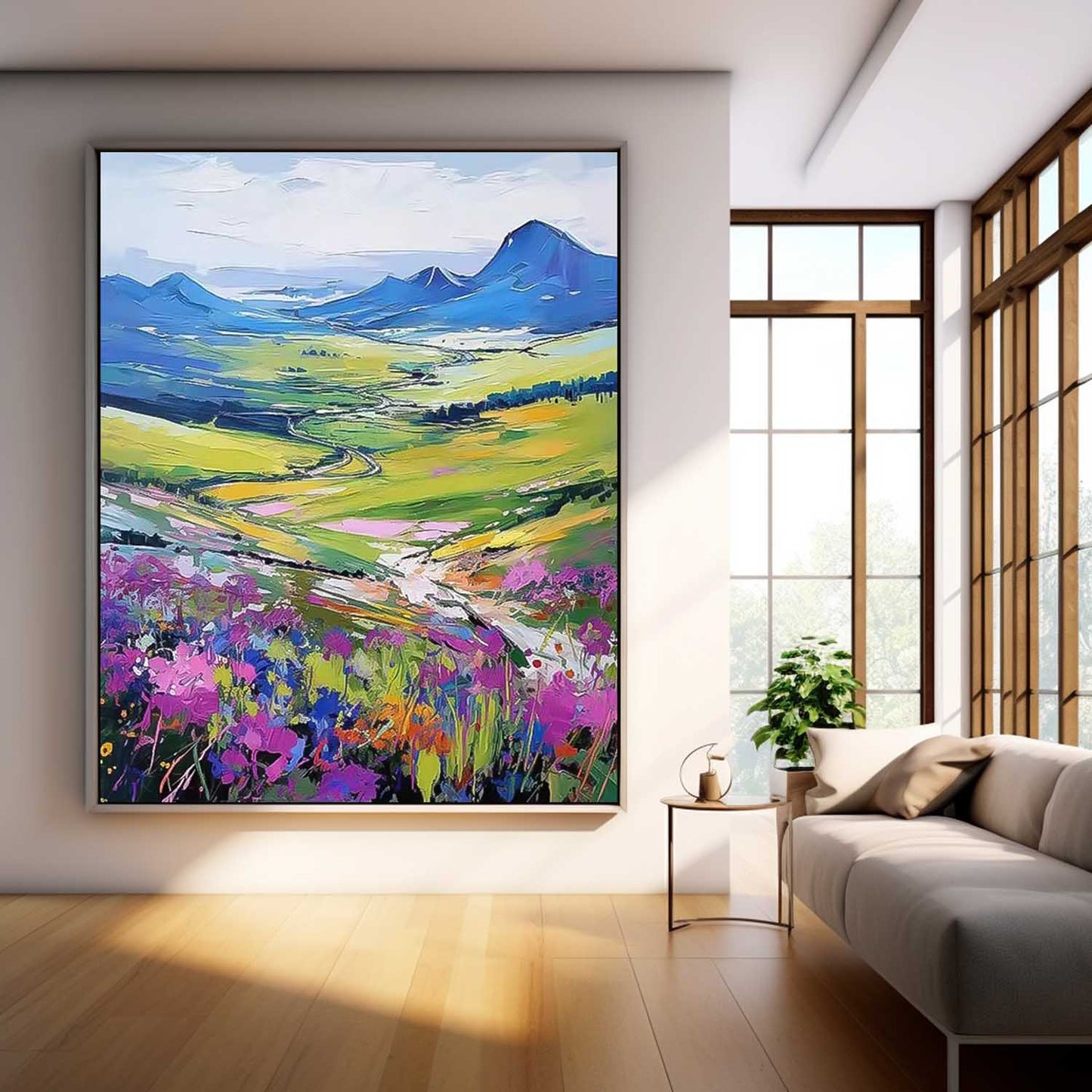 Vibrant Landscape Oil Painting with Colorful Flowers and Scenic Hillside View