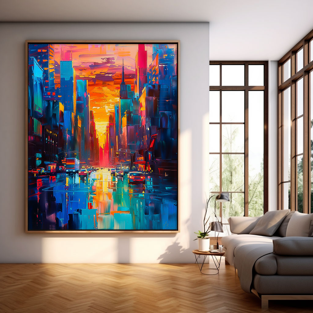 Vibrant Sunset Cityscape Oil Painting - Modern Urban Architecture Artwork