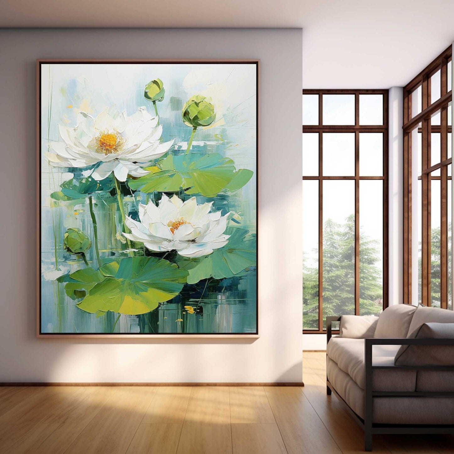 Lush White Lotus Flowers on Serene Water Lily Pond - Vibrant Oil Painting Decor