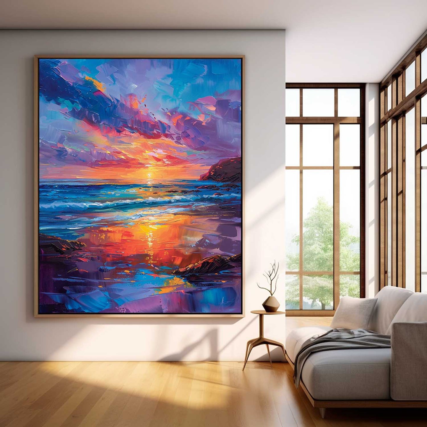 Vibrant Sunset Over Ocean Waves - Colorful Beach Oil Painting Wall Art
