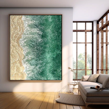 Serene Beach and Ocean Waves Oil Painting for Coastal Decor