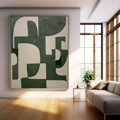 Abstract Green and White Minimalist Oil Painting for Modern Home Decor