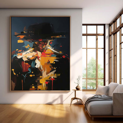 Abstract Figure Oil Painting with Bold Colors and Unique Hat Design