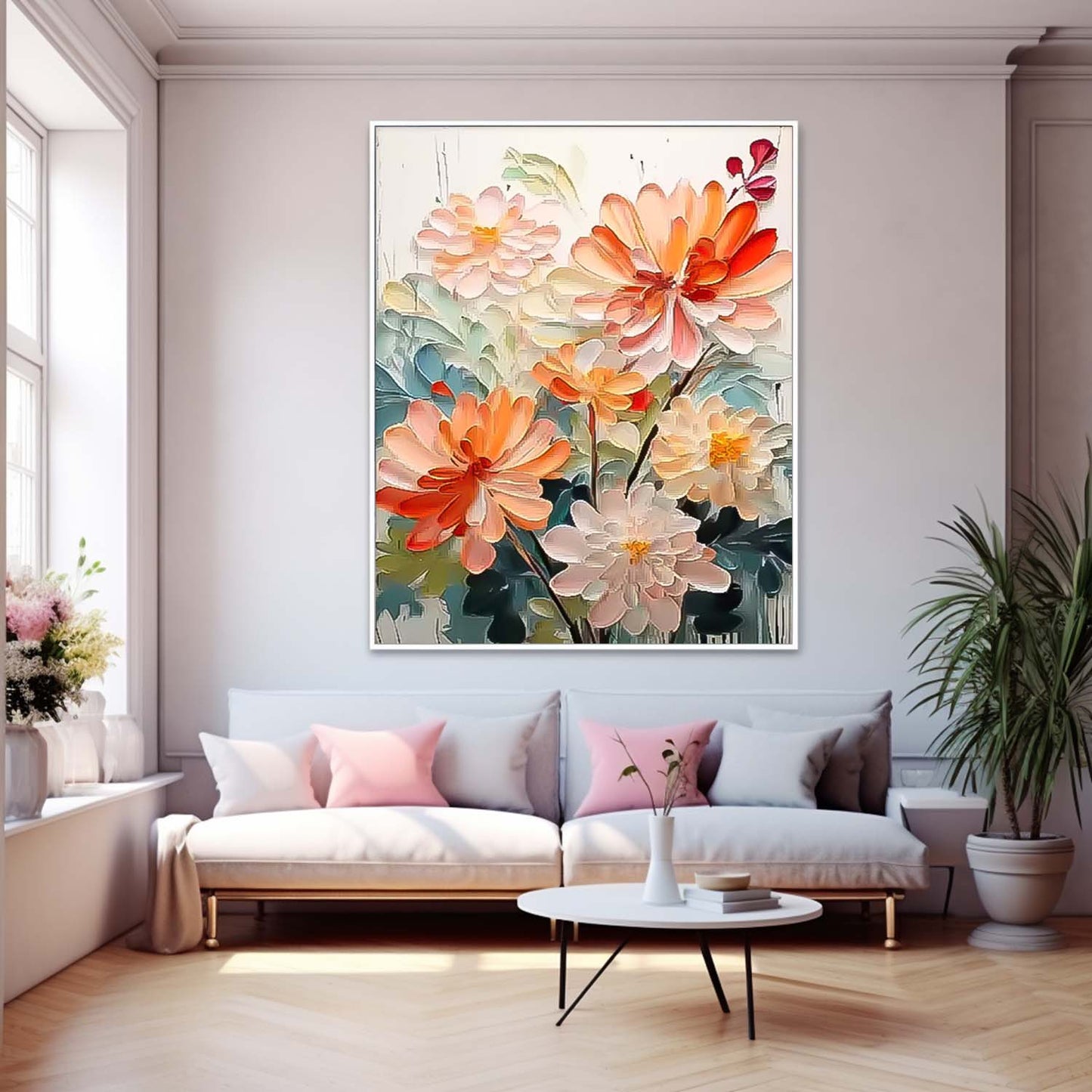 Vibrant Floral Oil Painting - Elegant Flower Artwork for Home Decor