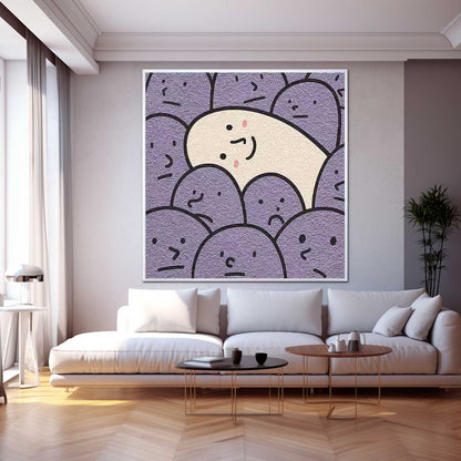 Charming Minimalist Oil Painting of Smiling Character Among Purple Faces