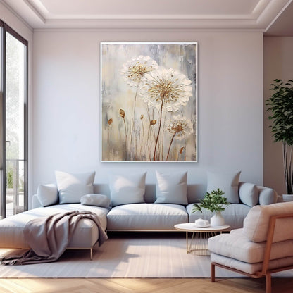 Elegant Floral Oil Painting - White Flowers Against Soft Gray Background for Modern Decor