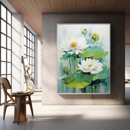 Lush White Lotus Flowers on Serene Water Lily Pond - Vibrant Oil Painting Decor