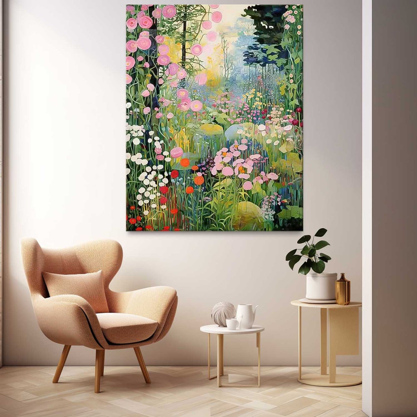 Vibrant Floral Landscape Oil Painting for Home Decor and Garden Inspiration