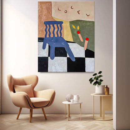 Colorful Abstract Oil Painting of a Chair with Geometric Elements for Modern Decor