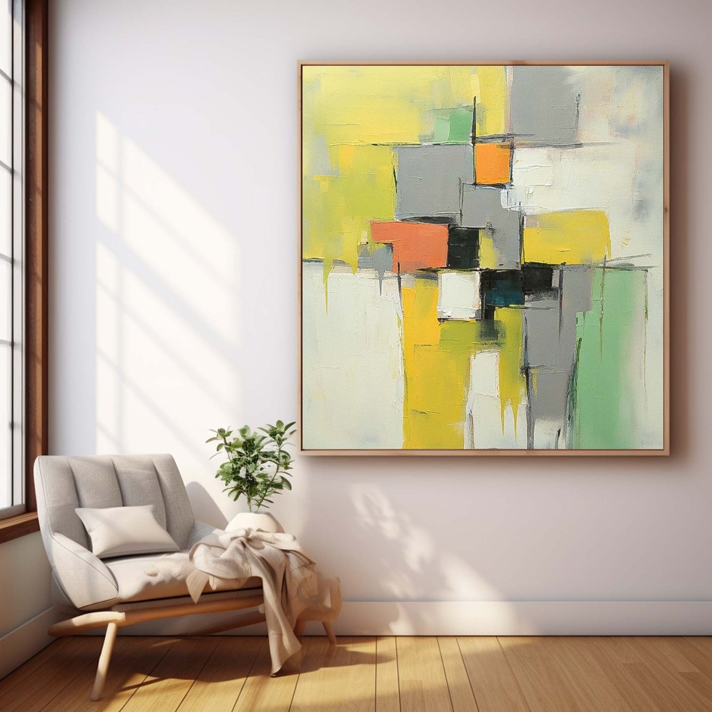Vibrant Abstract Oil Painting with Geometric Shapes and Bold Colors for Modern Decor