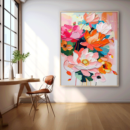 Vibrant Floral Oil Painting - Colorful Canvas Art for Home Decor and Wall Aesthetics