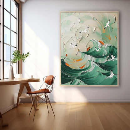 Serene Ocean Waves Oil Painting with Seagulls - Coastal Beach Art for Home Decor