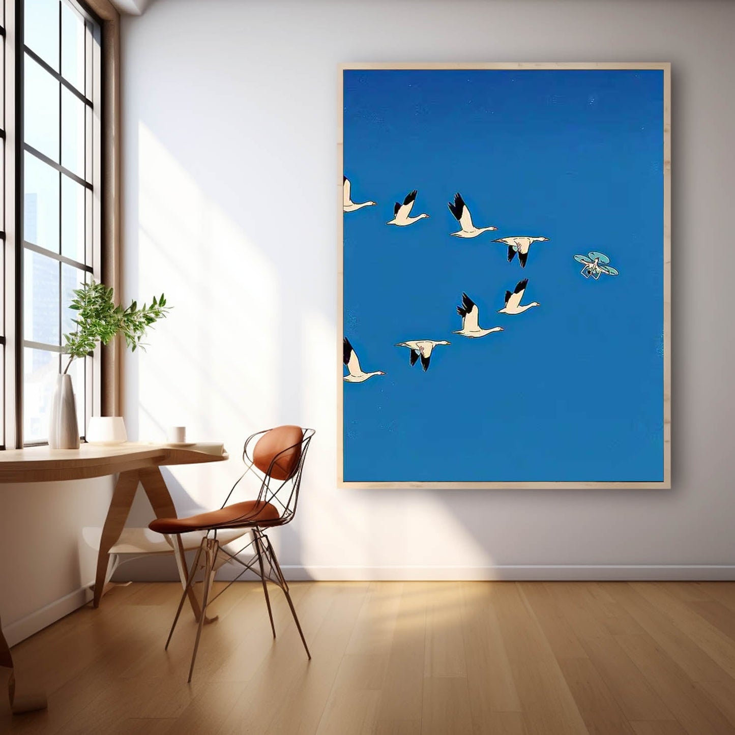 Elegant Minimalist Oil Painting of Geese in Flight against Vibrant Blue Sky