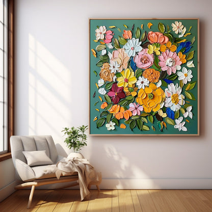 Vibrant Floral Oil Painting on Canvas – Colorful Blossom Art for Home Décor
