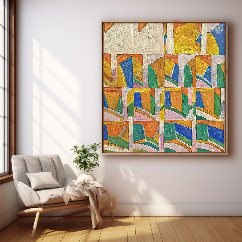 Vibrant Geometric Abstract Oil Painting for Modern Home Decor