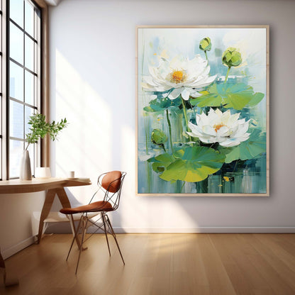 Lush White Lotus Flowers on Serene Water Lily Pond - Vibrant Oil Painting Decor