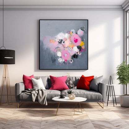 Whimsical Abstract Oil Painting with Pink and Gray Swirls for Modern Decor