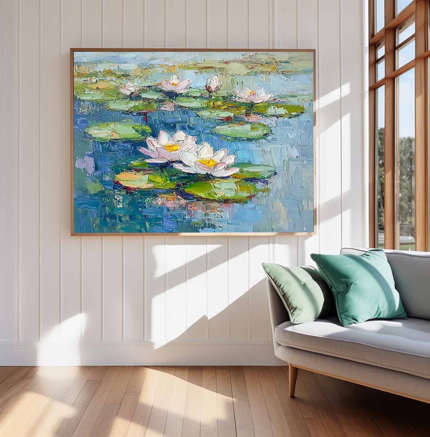 Vibrant Lotus Flowers on Tranquil Water – Handmade Oil Painting for Home Decor