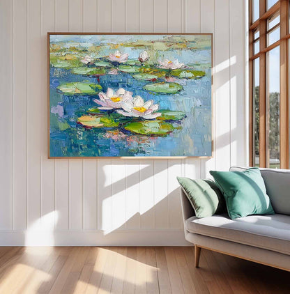 Vibrant Lotus Flowers on Tranquil Water – Handmade Oil Painting for Home Decor