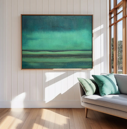 Serene Minimalist Oil Painting in Tranquil Green Hues for Modern Decor
