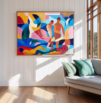 Colorful Abstract Oil Painting of Human Figures in Dynamic Composition