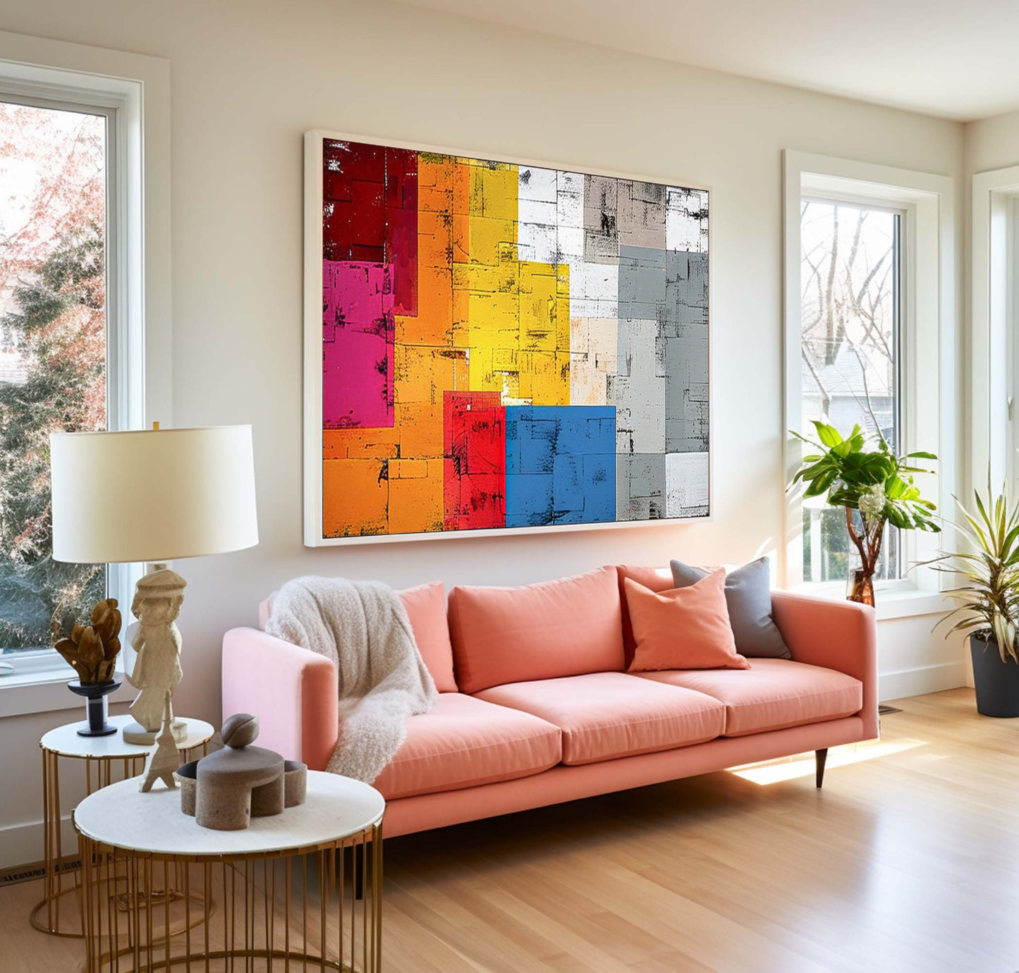 Vibrant Abstract Oil Painting with Colorful Geometric Shapes for Modern Decor