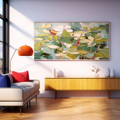 Vibrant Floral Oil Painting with Lush Greenery and Textured Blossoms