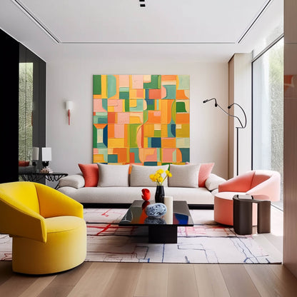 Colorful Geometric Abstract Oil Painting for Modern Home Decor