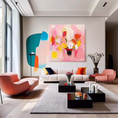 Vibrant Abstract Floral Oil Painting on Canvas for Modern Home Decor