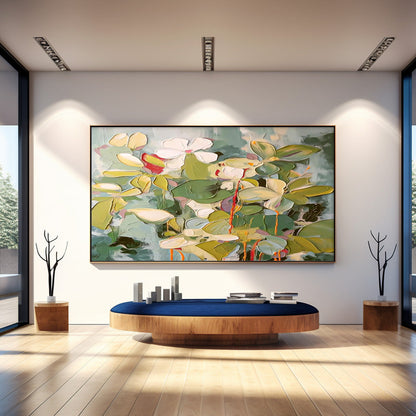 Vibrant Floral Oil Painting with Lush Greenery and Textured Blossoms
