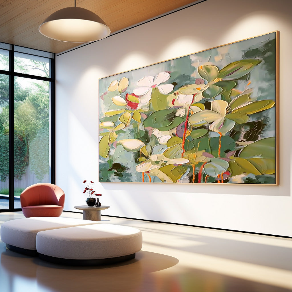 Vibrant Floral Oil Painting with Lush Greenery and Textured Blossoms