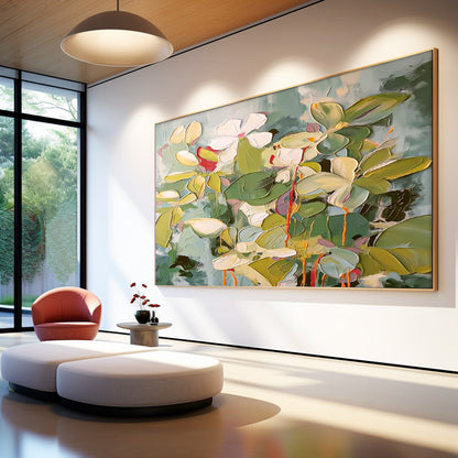 Vibrant Floral Oil Painting with Lush Greenery and Textured Blossoms