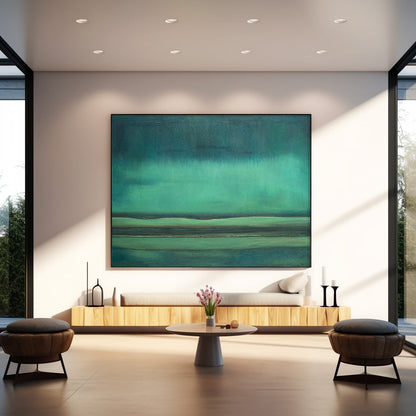 Serene Minimalist Oil Painting in Tranquil Green Hues for Modern Decor