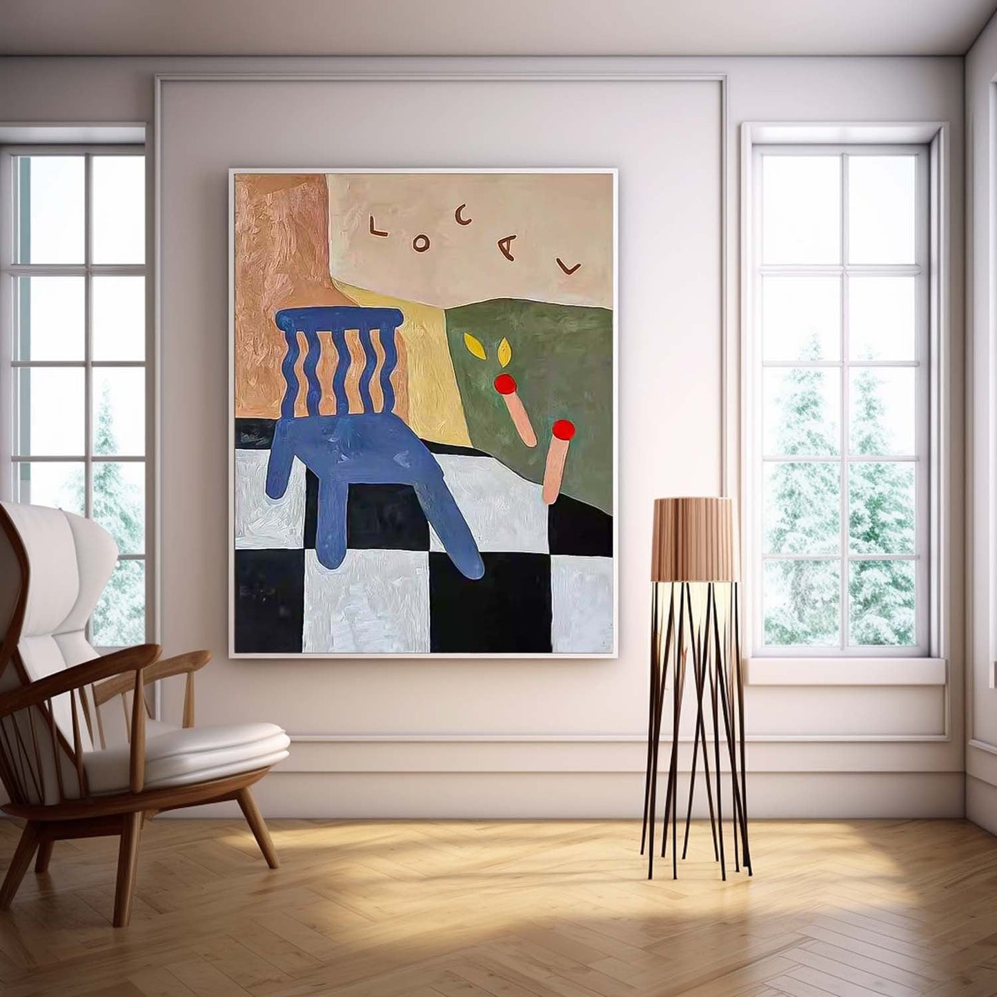 Colorful Abstract Oil Painting of a Chair with Geometric Elements for Modern Decor